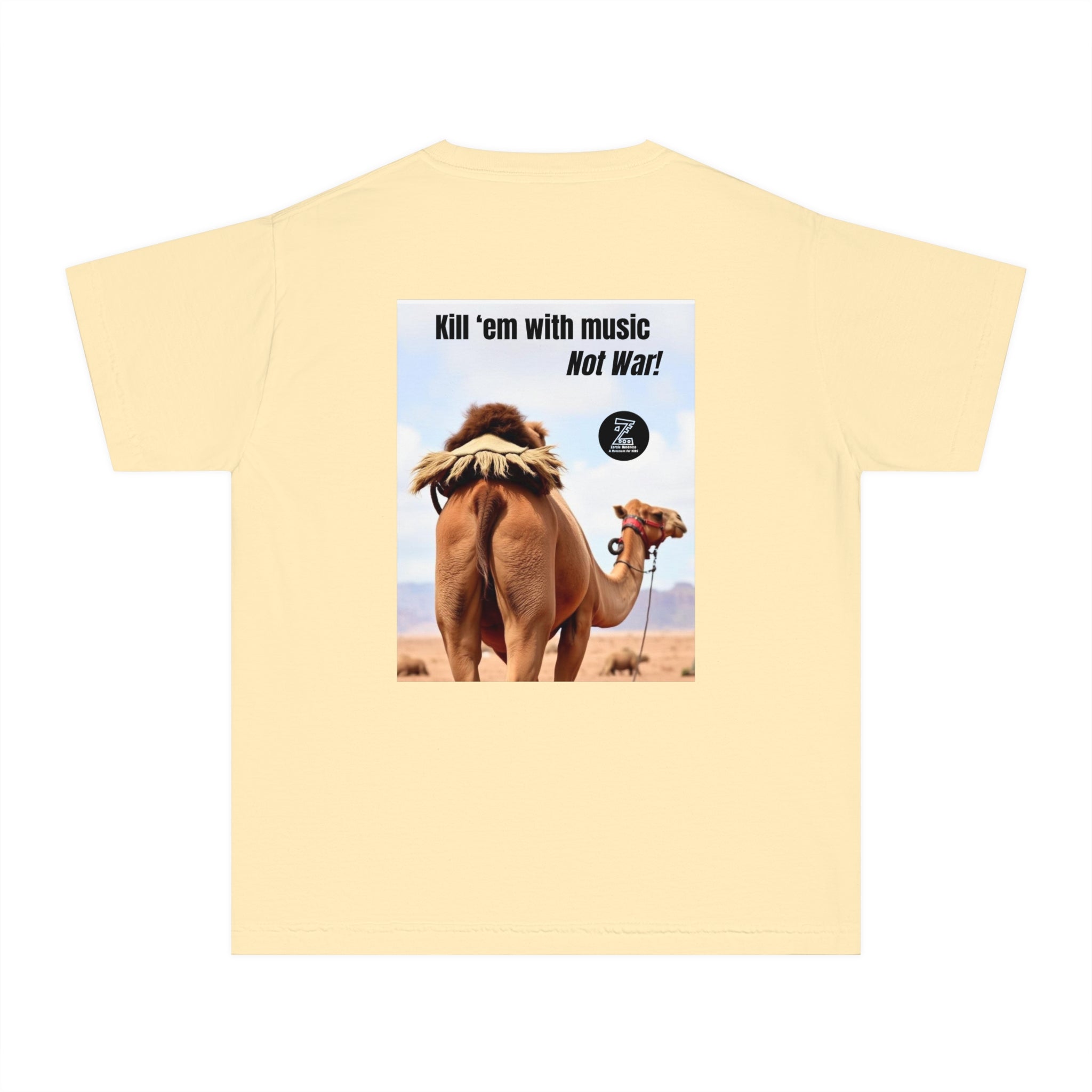 Funny Youth Tee with Camel Design, Humorous Kids' Shirt, 'Kill 'em with Music' Graphic Tee, Gift for Young Music Lovers, Unique Youth [...]