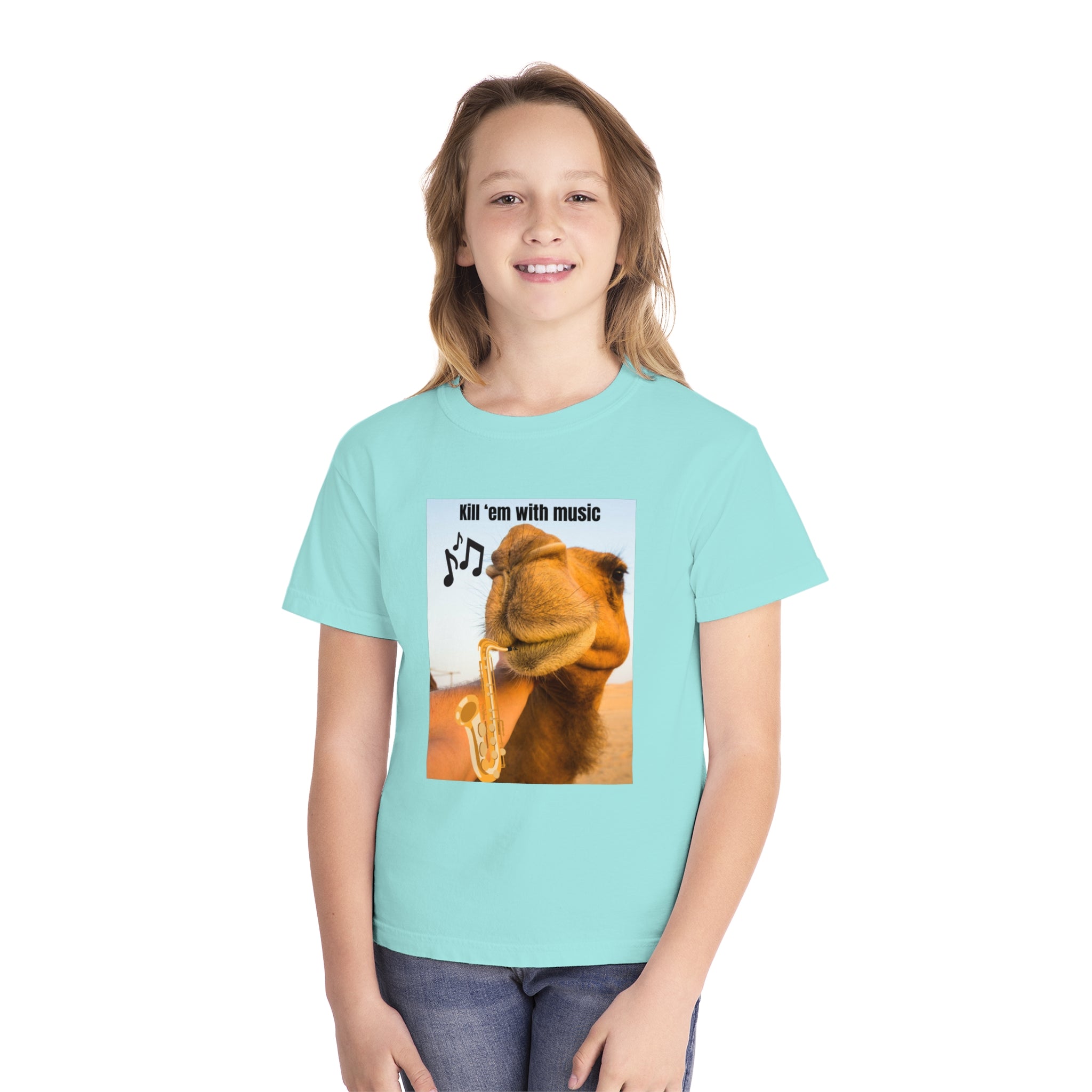 Funny Youth Tee with Camel Design, Humorous Kids' Shirt, 'Kill 'em with Music' Graphic Tee, Gift for Young Music Lovers, Unique Youth [...]