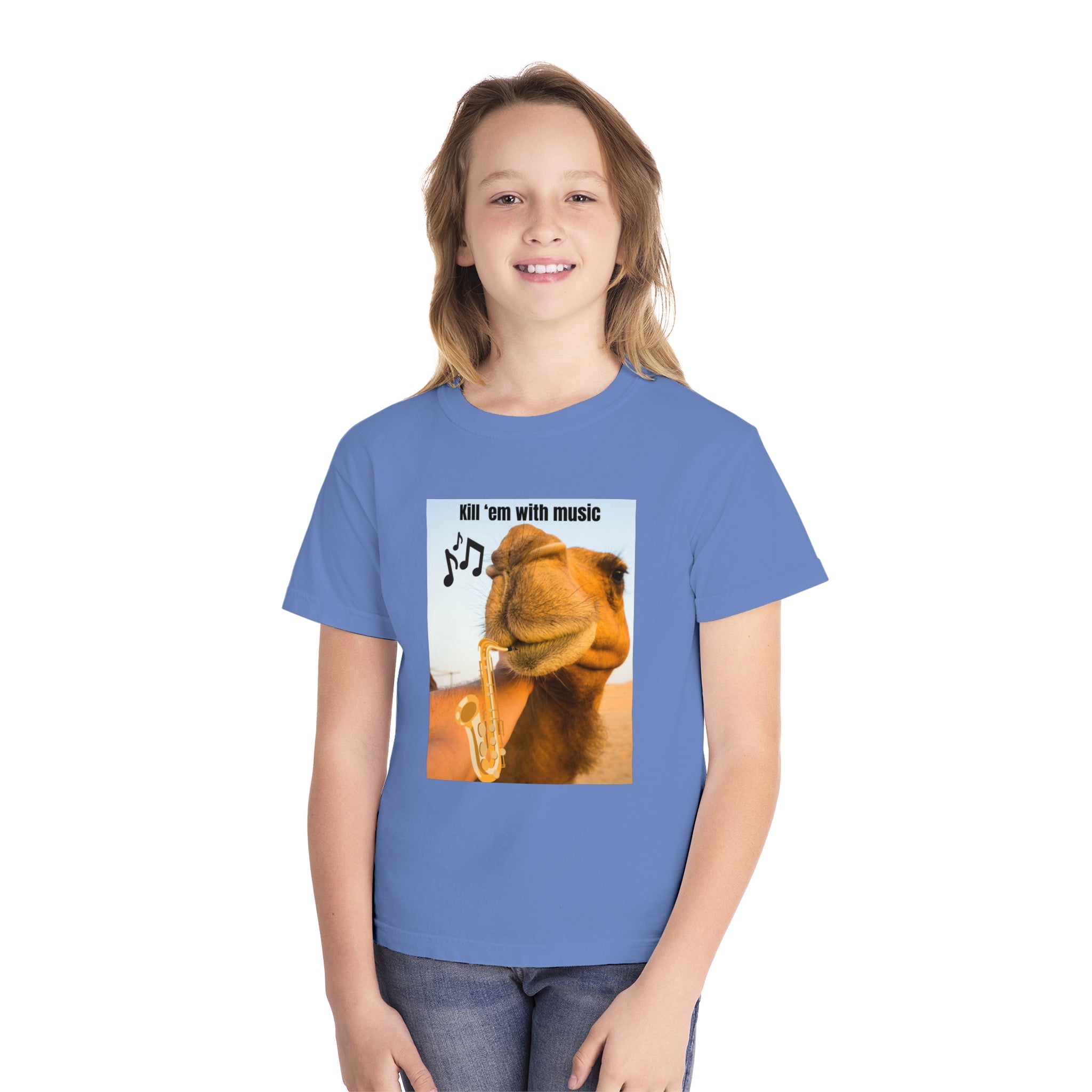 Funny Youth Tee with Camel Design, Humorous Kids' Shirt, 'Kill 'em with Music' Graphic Tee, Gift for Young Music Lovers, Unique Youth [...]