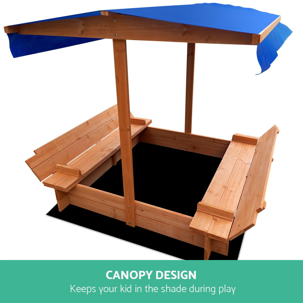 Keezi Kids Sandpit Wooden Sandbox Sand Pit with Canopy Foldable Seat Toys 120cm