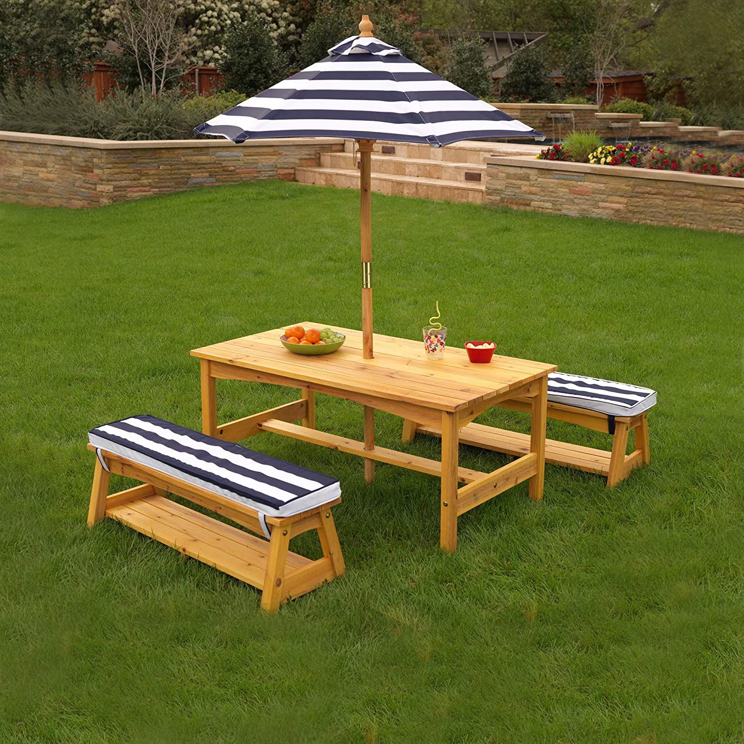 Outdoor Table & Bench Set with Cushions & Umbrella (Navy)