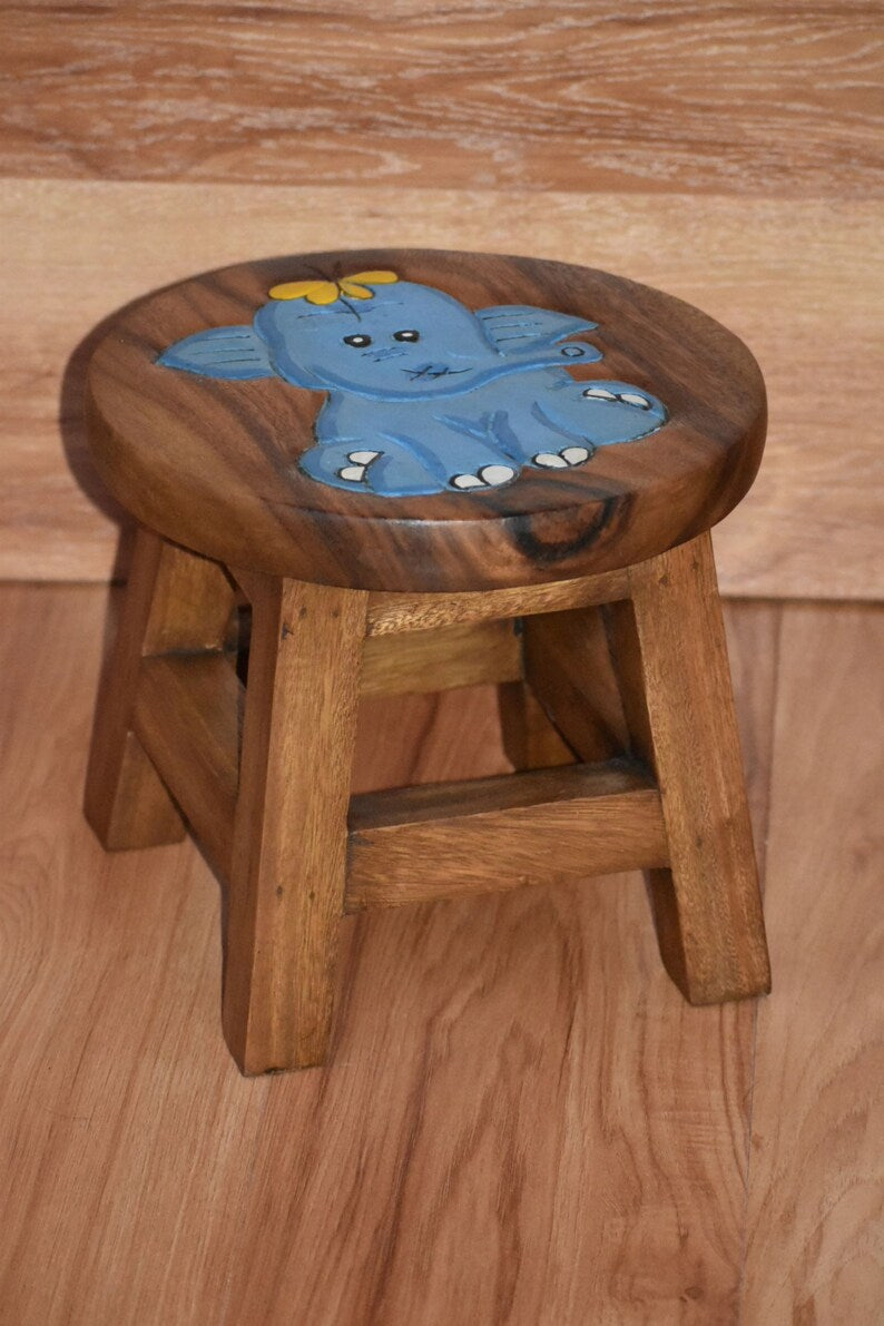 Children's Wooden Stool Blue Baby ELEPHANT Themed Chair Toddlers Step sitting Stool