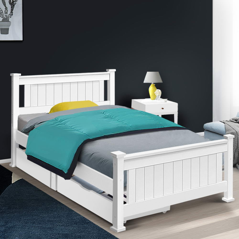 Artiss Bed Frame Single Size Wooden with 2 Drawers White RIO